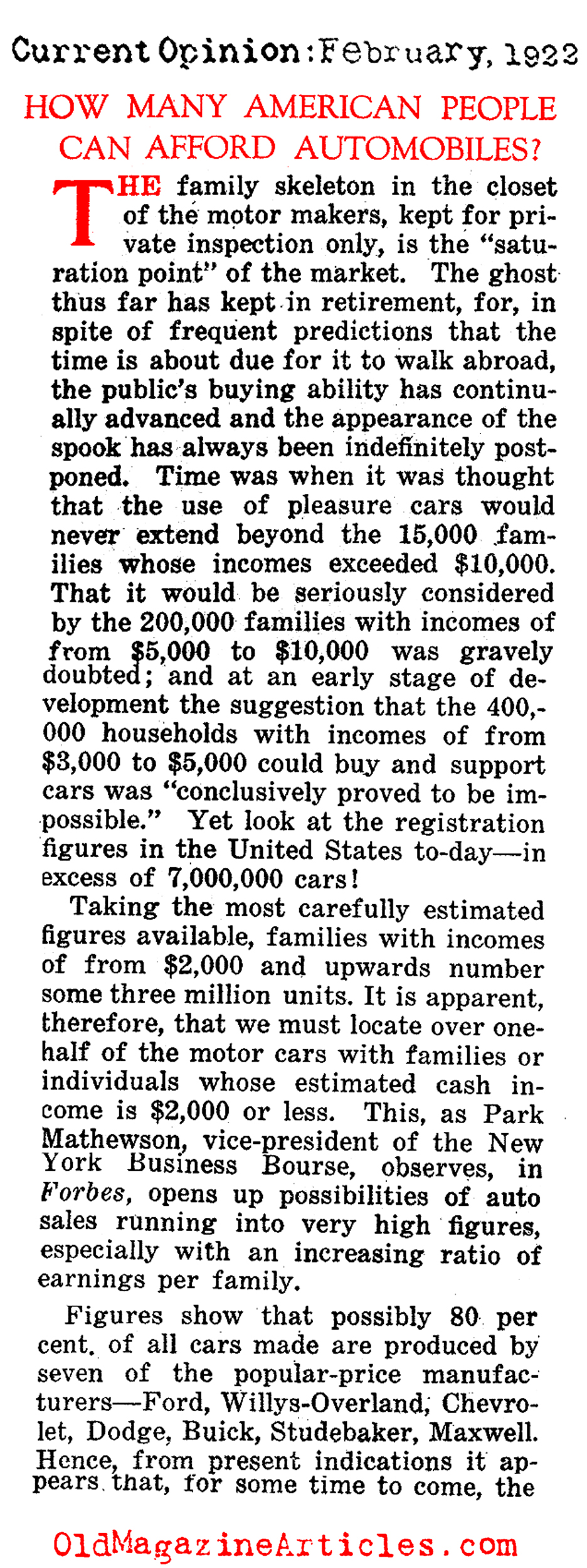 How Many Americans Had Cars in the 1920s? (Current Opinion, 1922)